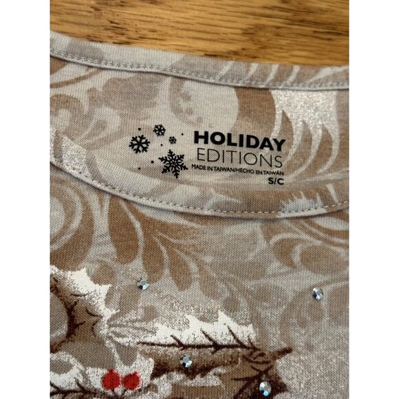 Long Sleeve Tan Pattern Christmas Shirt Womens Top Size Small Rhinestones - Picture 3 of 5